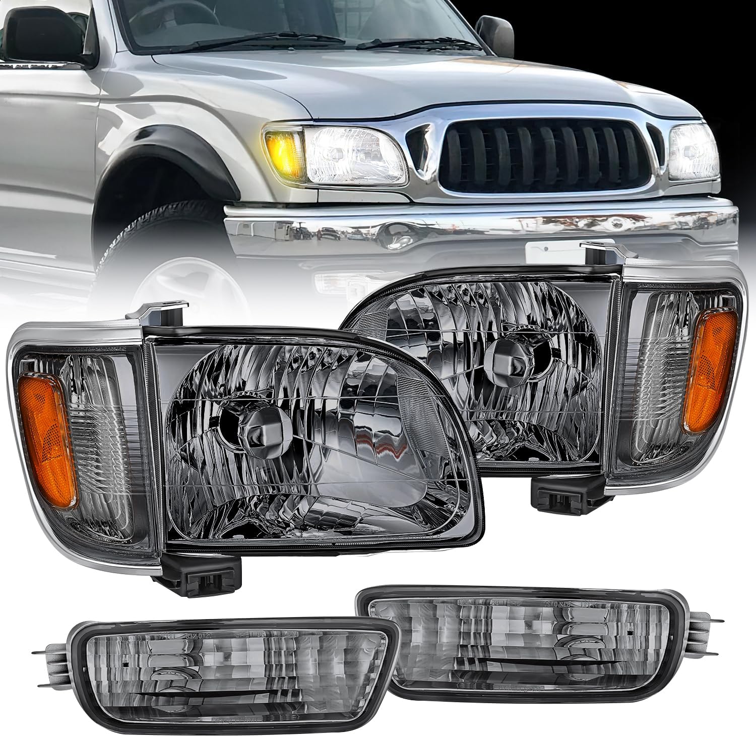 Headlight Assembly for 2001 2002 2003 2004 Toyota Tacoma Replacement Headlamp Chrome Housing Amber Reflector Smoke Lens Driver and Passenger Side