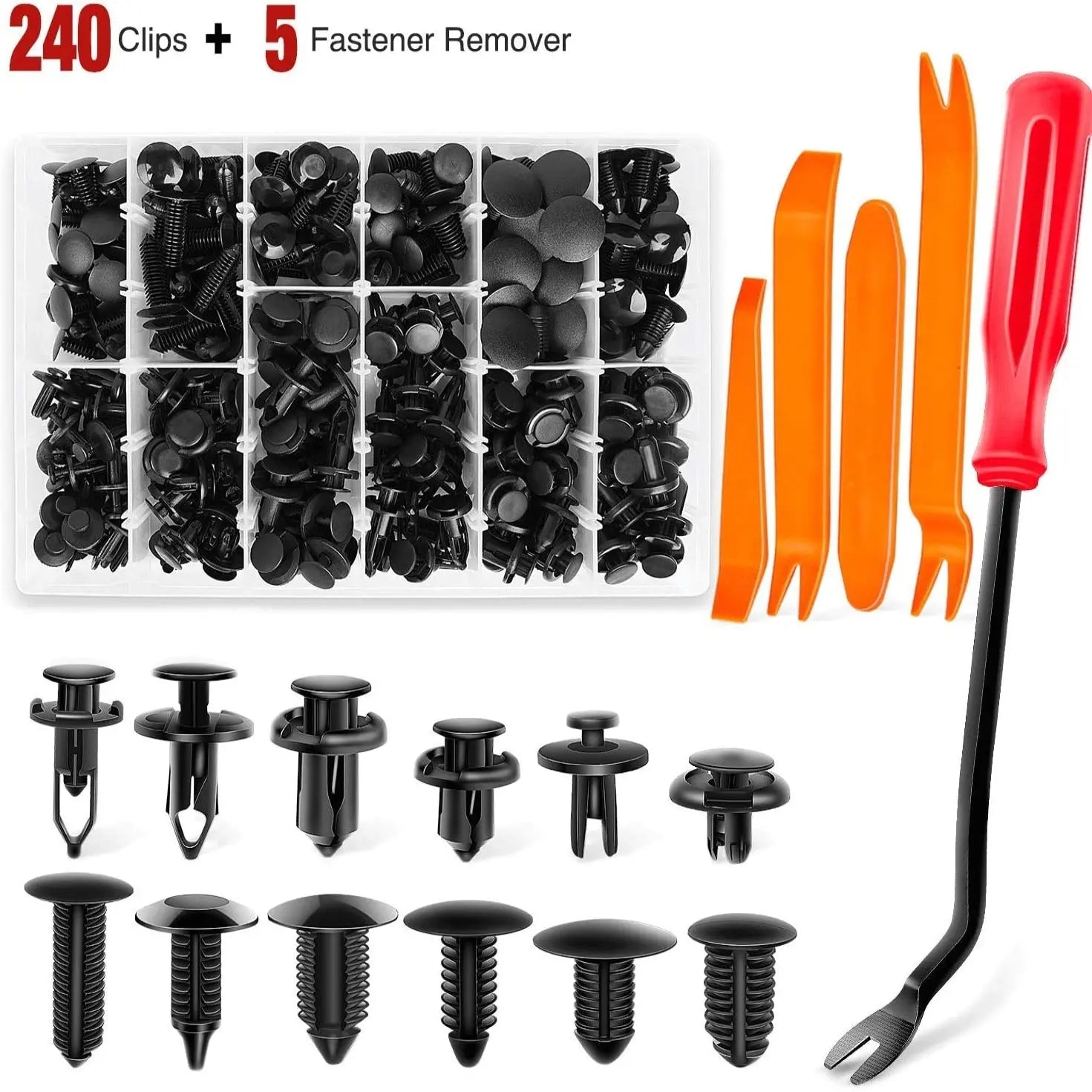 240pcs Car Retainer Clips & Fastener Remover with 12 Most Popular Sizes Auto Push Pin Rivets Set -Door Trim Panel Clips for Toyota,GM,Ford,Honda,Acura,Chrysler
