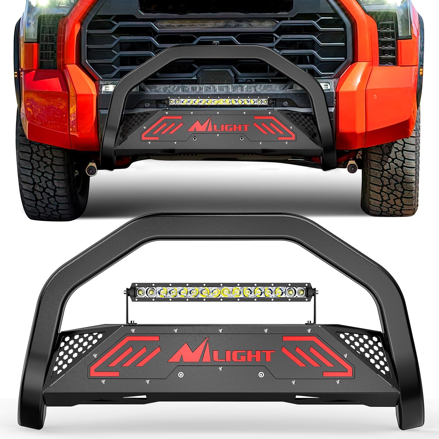 Bull Bar with Light fits Toyota Tundra 2007 2008 2009 2010 2011 2012 2013 2014 2015 2016 2017 2018 2019 2020 2021 Front Bumper Grille Brush Push Guard with Skid Plate Licence Hole Black