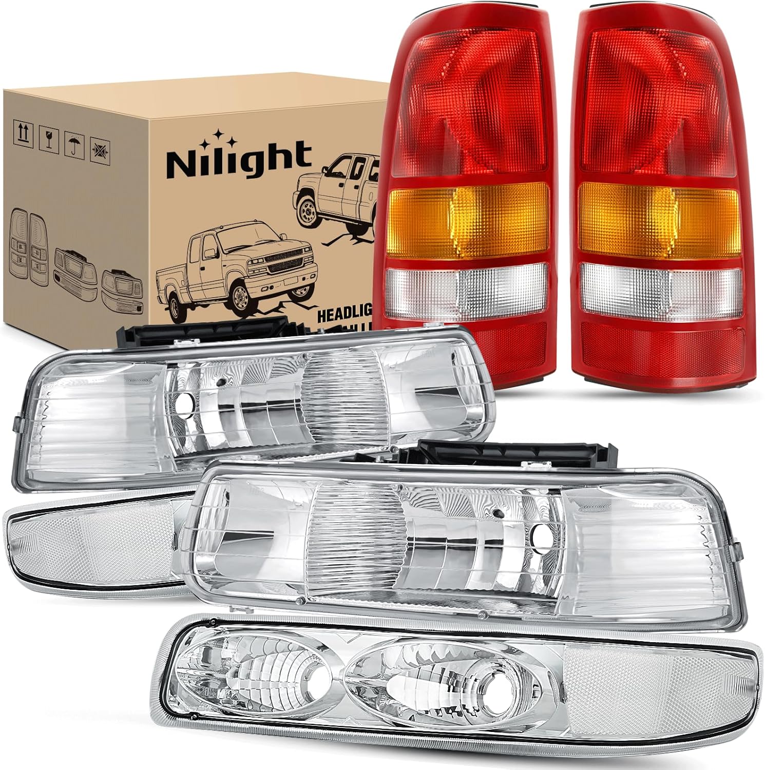 Headlight and Taillight Assembly Combo Compatible with 1999 2000 2001 2002 Chevy Silverado 1500 2500 1500HD 2500HD Fleetside only OE Style Chrome Housing Clear Reflector with Red Tail Lights