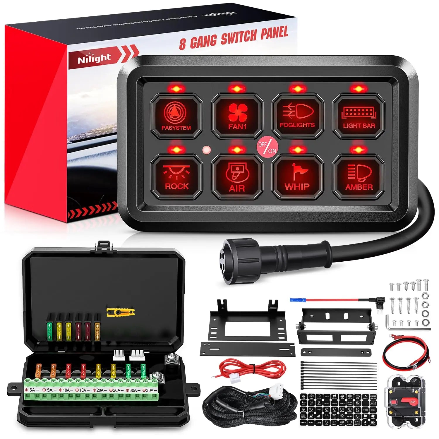 8Gang Multifunction Red Rocker Switch Panel System