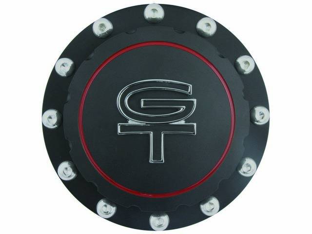 Fuel Cap, Vented, Custom Billet Aluminum, Black Anodized, With GT Emblem