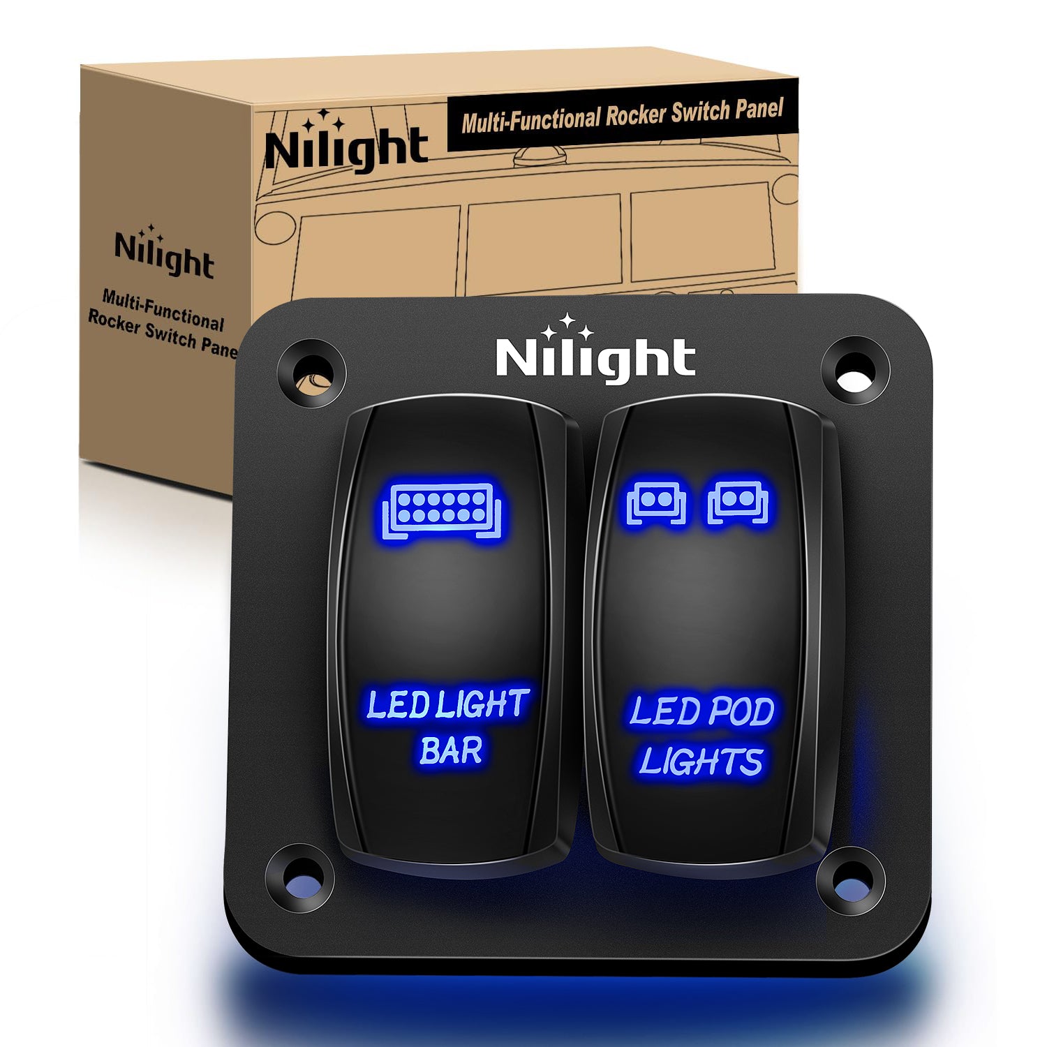 90423B 2Gang Aluminum Laser LED Light Bar Rocker 12/24V 5Pin ON/Off Pre-Wired LED POD Lights Toggle Switch Panel with Blue LED for Marine Boat Car ATV UTV