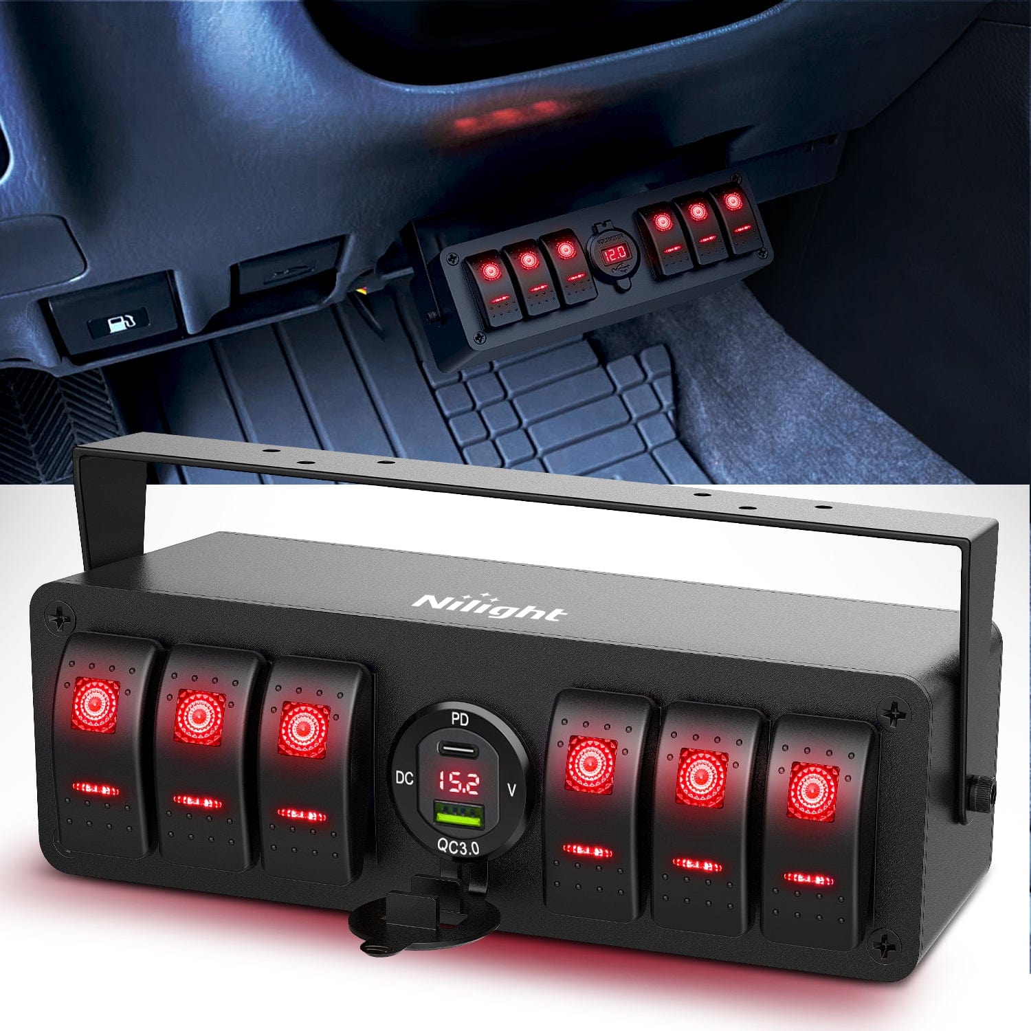 6Gang Aluminum ON/Off Rocker Switch Box w/ QC 3.0 Dual USB Charger Voltmeter with Red Backlit