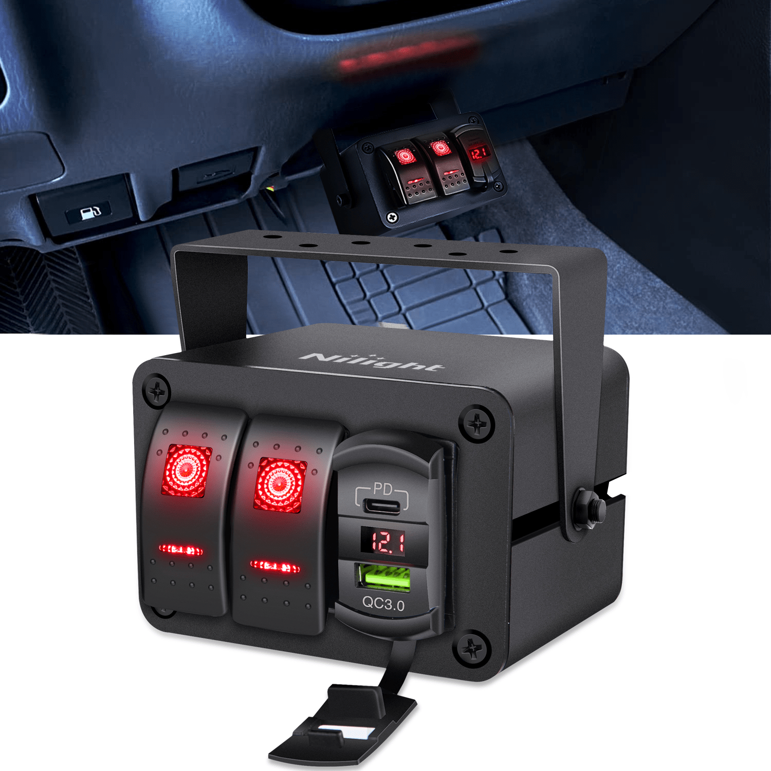 2 Gang Rocker Switch Box 12V SPST ON Off Toggle Switches PD Type C and QC 3.0 USB Charger Voltmeter LED Light Waterproof Aluminum Mount Bracket Panel DIY Stickers for Boat Car RV Truck