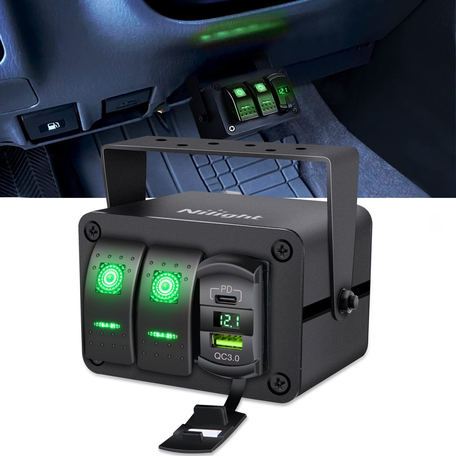 2Gang Aluminum ON/Off Rocker Switch Box w/ QC 3.0 Dual USB Charger Voltmeter with Green Backlit