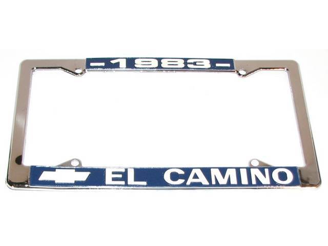 Chrome license Plate Frame, w/ *1983* at the top and a Chevrolet Bowtie logo and *El Camino* at the bottom in white lettering on a blue background