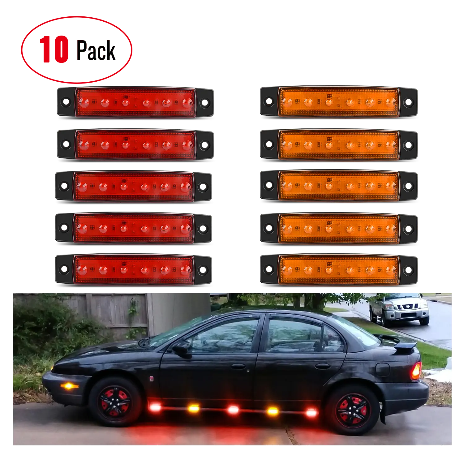 3.8 Inch 6 LEDs Red Amber Side Marker Lights (10 Pcs)