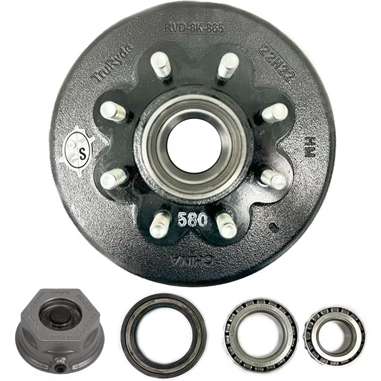 TruRyde 8-6.5" Bolt Circle 5/8" Trailer Hub/Drum with Parts for an 8,000 lbs. Trailer Axle and Defender Aluminum Oil Cap - RVD8K865580-F