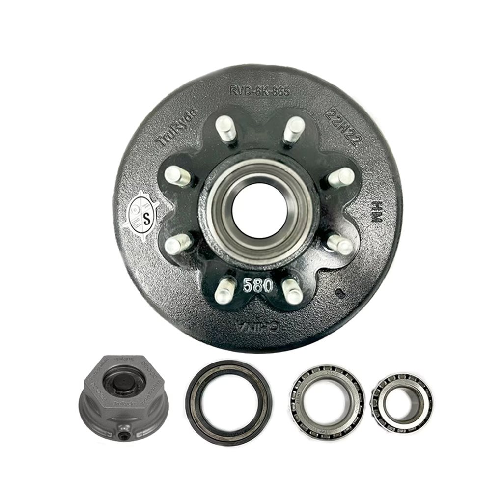 TruRyde 8-6.5" Bolt Circle 5/8" Trailer Hub/Drum with Timken Bearings and Defender Aluminum Oil Cap for an 8,000 lbs. Trailer Axle - RVD8K865580-F-TK