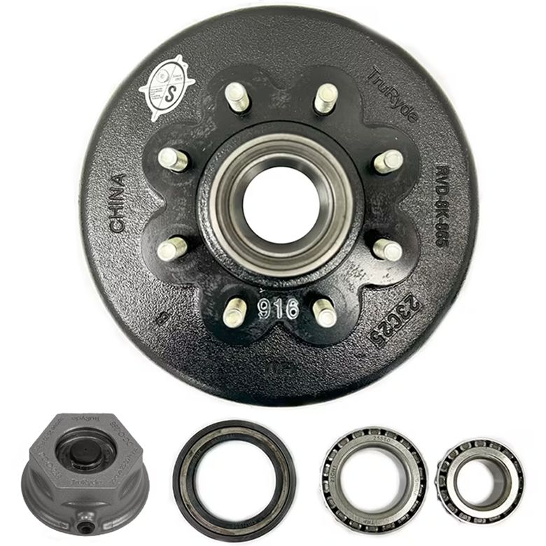 TruRyde 8-6.5" Bolt Circle 9/16" Trailer Hub/Drum with Timken Bearings and Defender Aluminum Oil Caps for an 8,000 lbs. Trailer Axle - RVD8K865916-F-TK