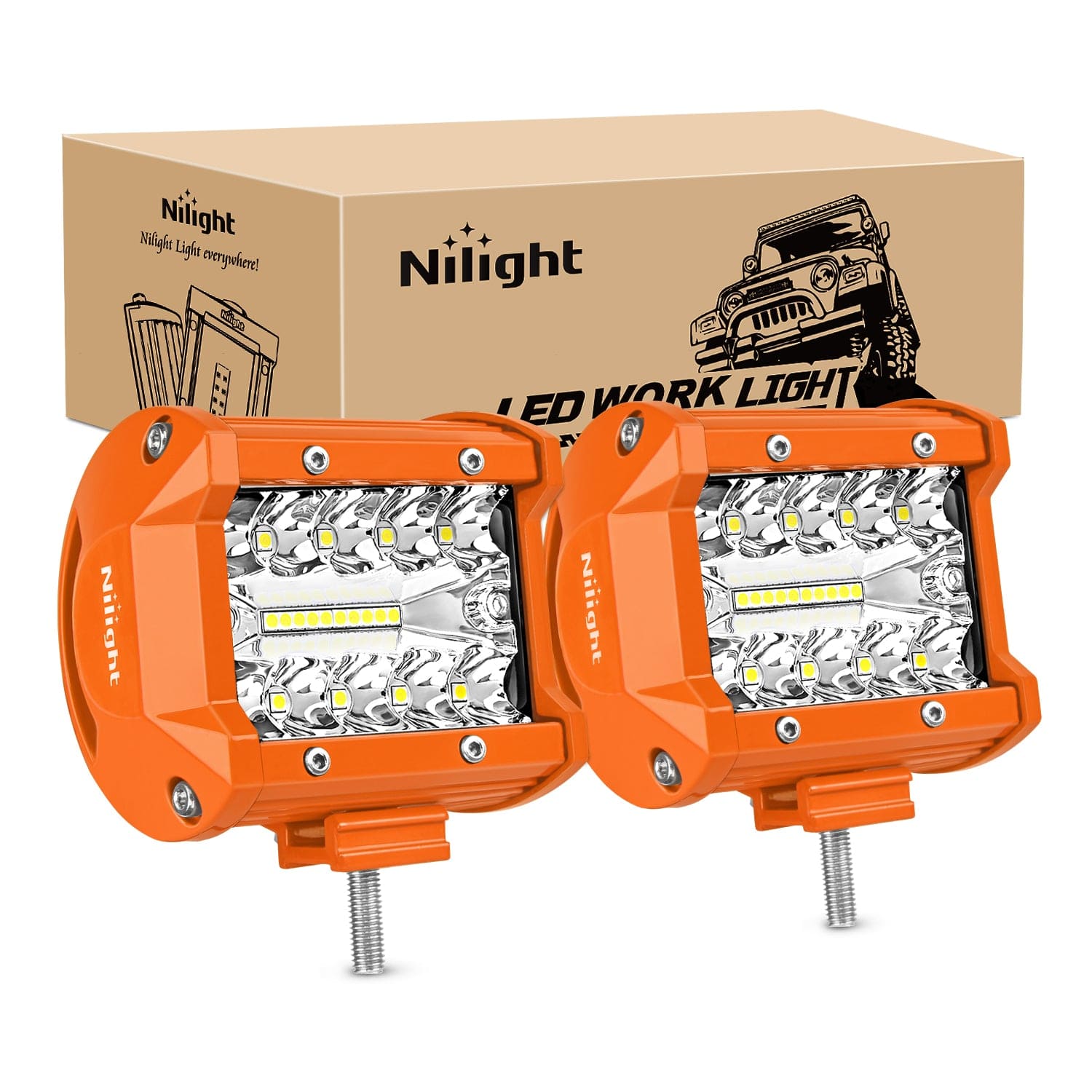 2pc 4 Inch 20W Spot Flood Combo Orange Case Led Light Bar