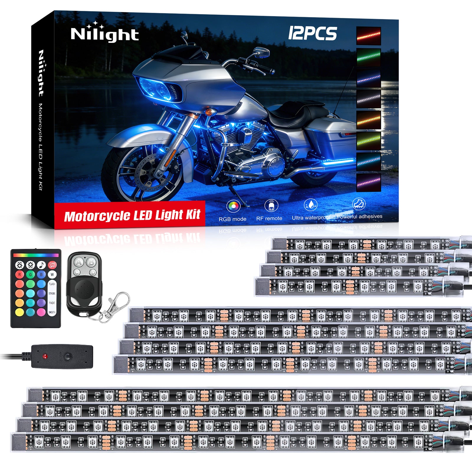 Motorcycle RGB Dual RF Remote Control LED Strip Lights 12PCS