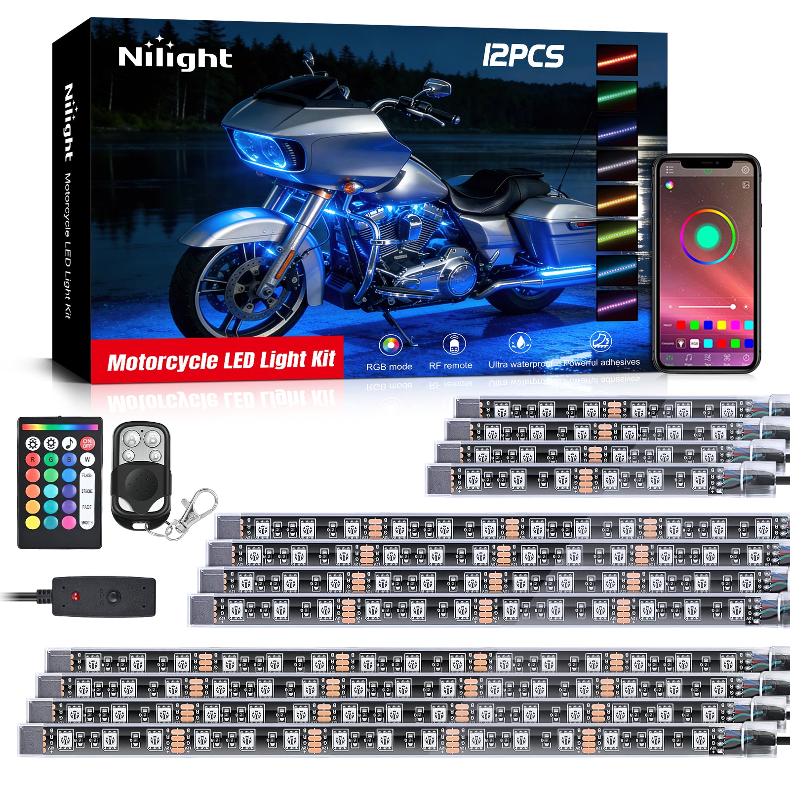 Motorcycle RGB APP Remote Control LED Strip Lights 12PCS
