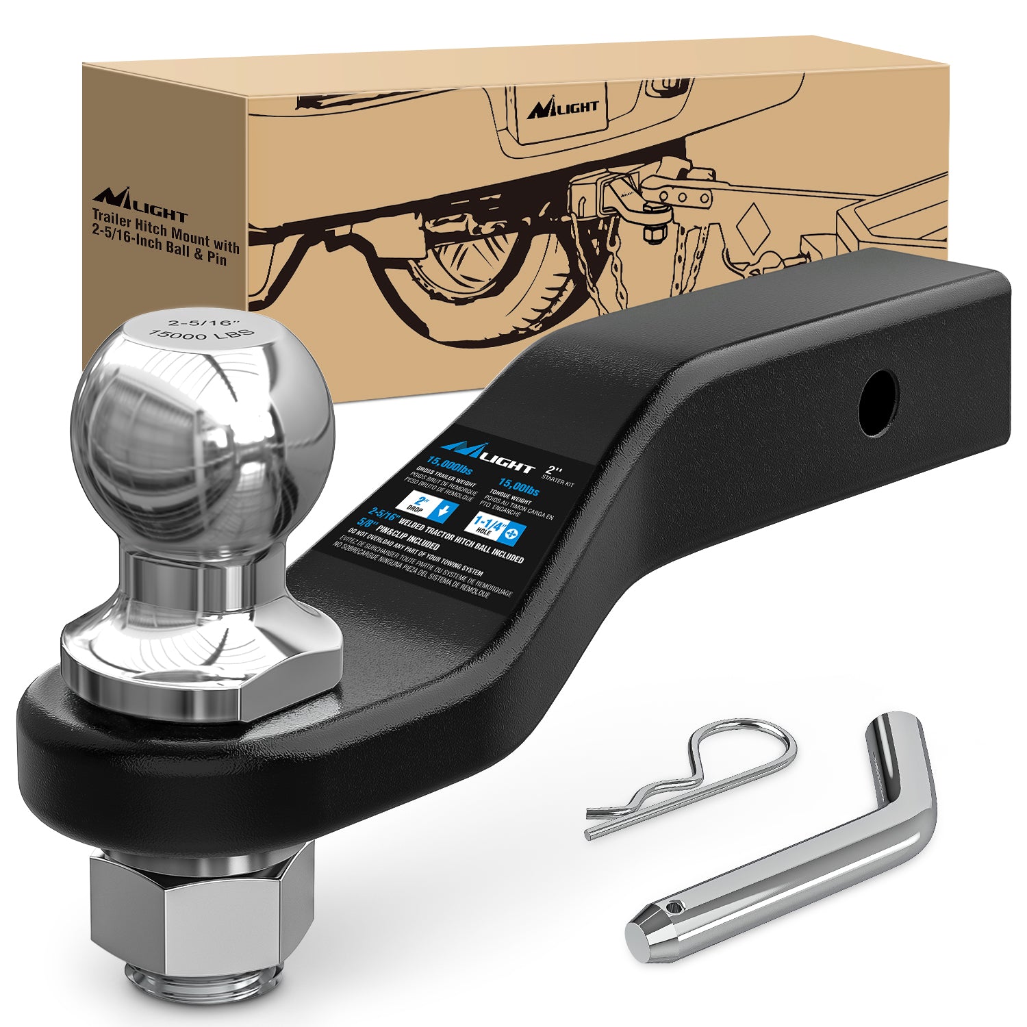 Forged Trailer Hitch Mount with 2-5/16-Inch Ball Fits 2 Inch Receiver Square 5/8Inch Hitch Pin Clip 15000 lbs 2Inch Drop, 1-1/4Inch Hole, Gloss Black Powder Coat