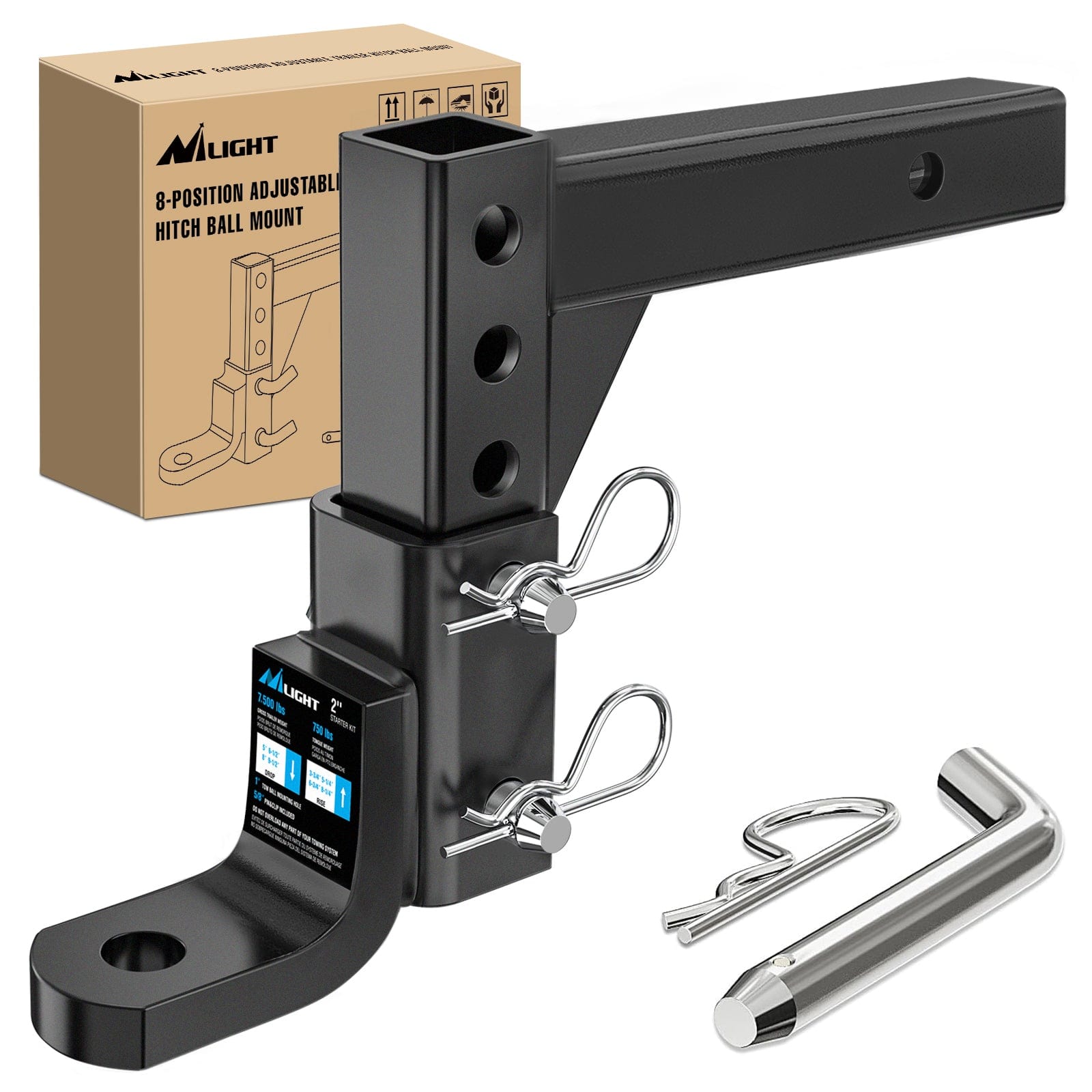 8-Position Adjustable Trailer Hitch Ball Mount Fits 2In Receiver 5/8in Pin Lock 7500 lbs 9-1/2in Drop 8-1/4in Rise 1in Hole Hitch