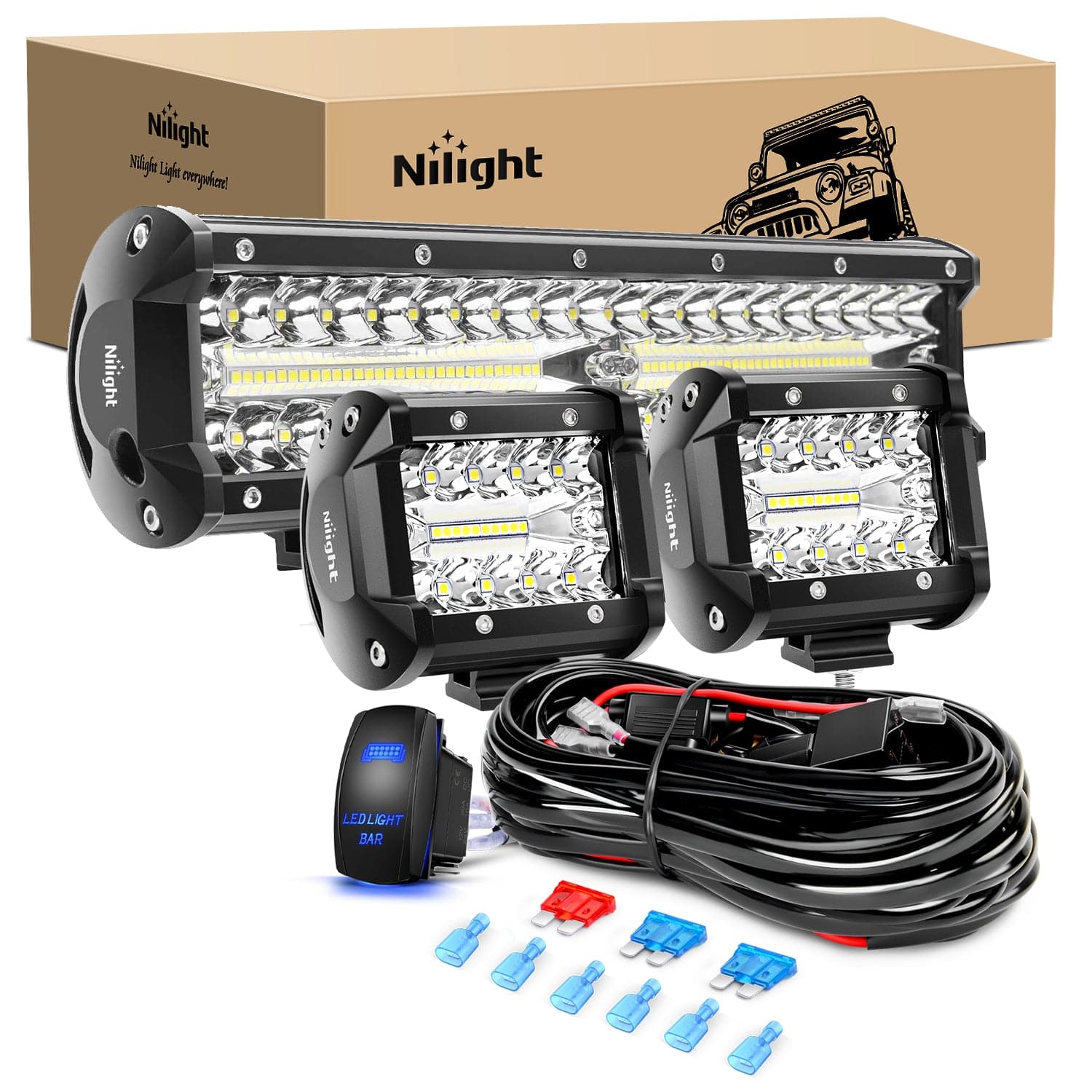 12 Inch 300W Triple Row Light Bar 4Inch 60W Pods with Wiring Harness Kit-3 Lead