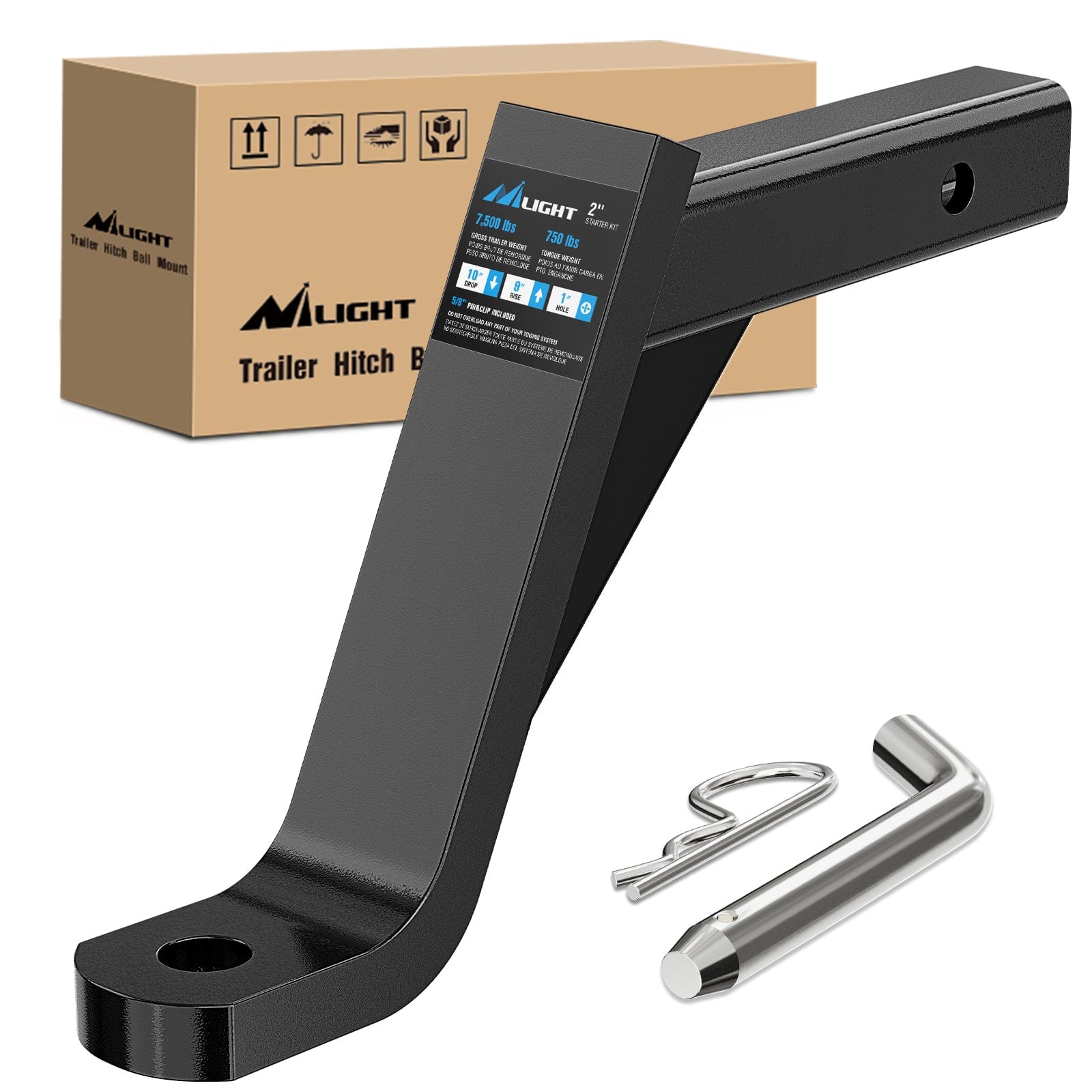 Trailer Hitch Ball Mount with 5/8 Inch Hitch Pin Clip Fits 2 Inch Receiver Square 7500 lbs 10 Inch Drop 9 Inch Rise 1 Inch Hole Gloss Black Powder Coat