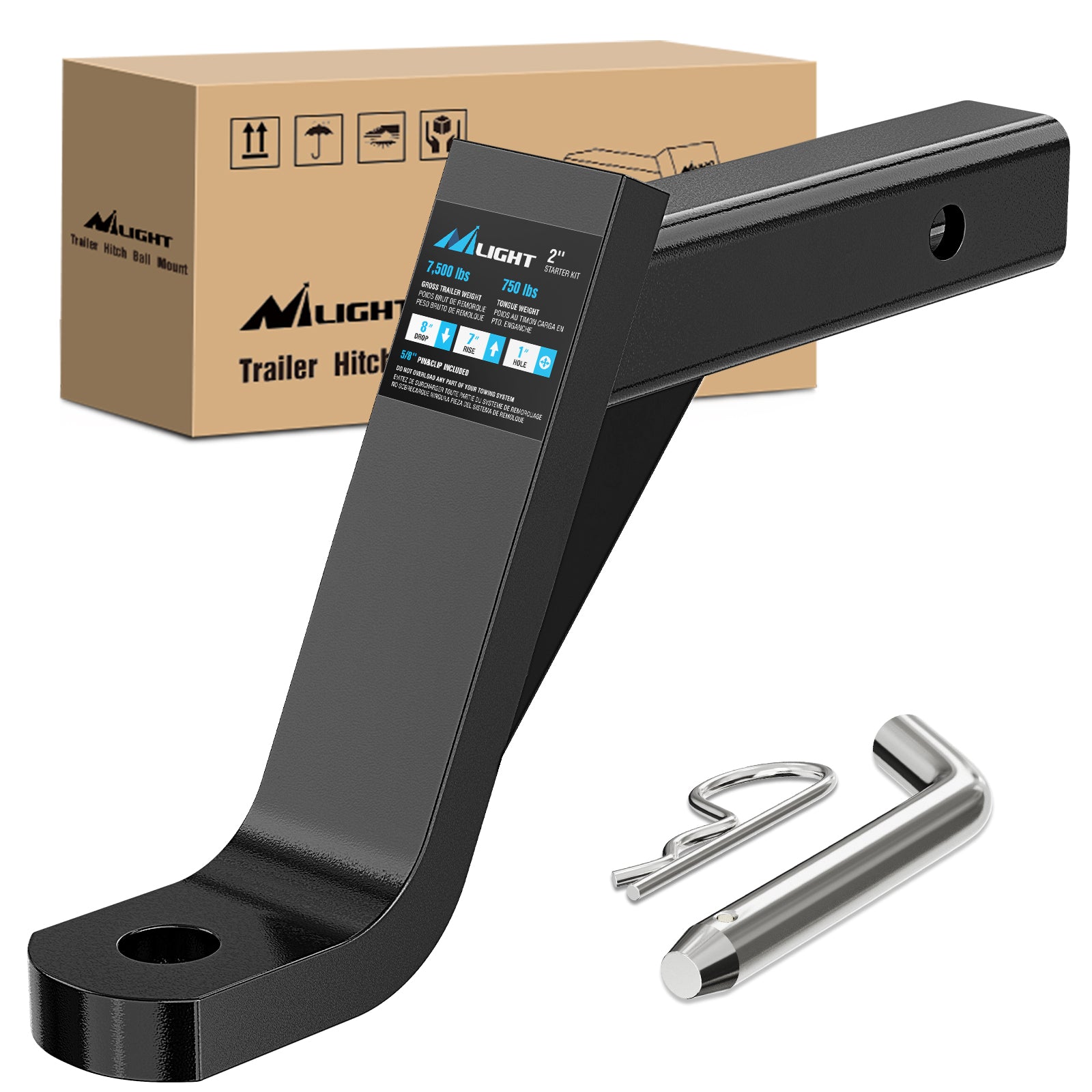 Trailer Hitch Ball Mount with 5/8Inch Hitch Pin Clip Fits 2 Inch Receiver Square 7500 lbs 8Inch Drop 7Inch Rise 1Inch Hole Gloss Black Powder Coast