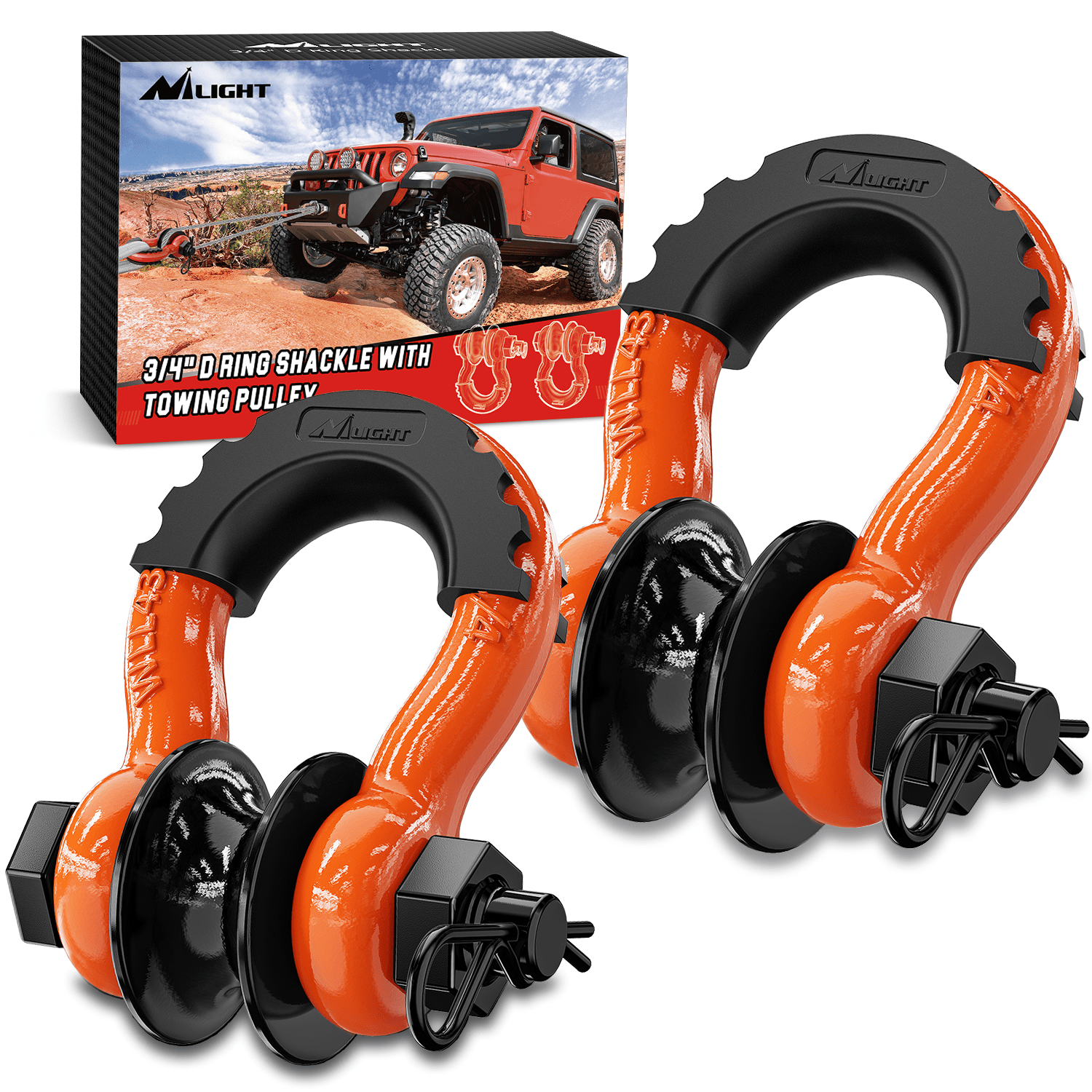 3/4 inch D-Ring Shackle with Towing Pulley Orange (Pair)