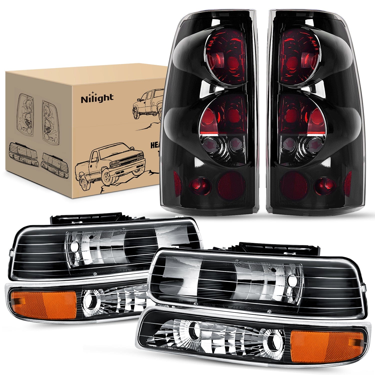 Headlight and Taillight Assembly Combo Compatible with 1999 2000 2001 2002 Chevy Silverado 1500 2500 1500HD 2500HD 3500 OE Style Black Housing Amber Reflector Smoke