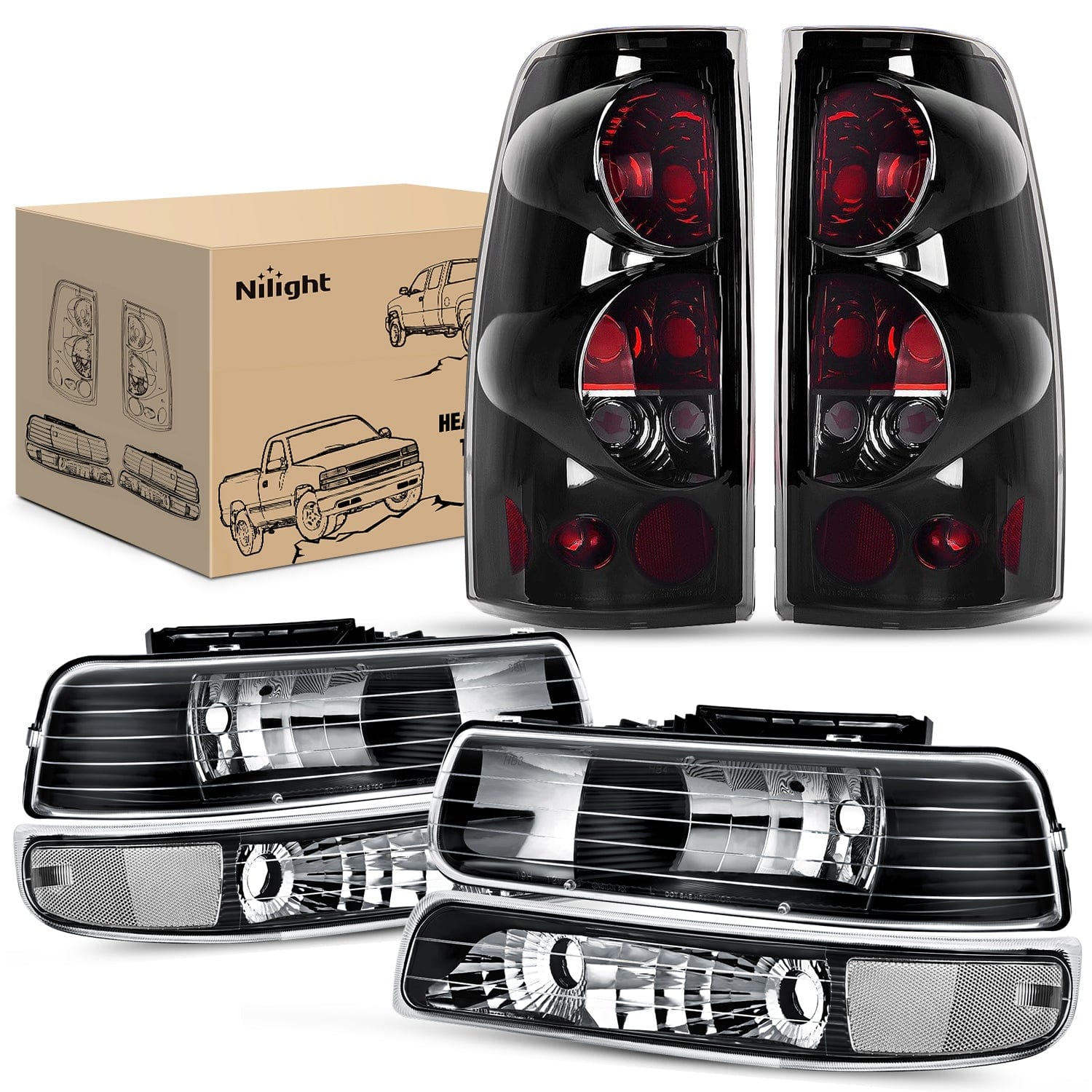 Headlight and Taillight Assembly Combo Compatible with 1999 2000 2001 2002 Chevy Silverado 1500 2500 1500HD 2500HD 3500 OE Style Black Housing Clear Reflector Smoke