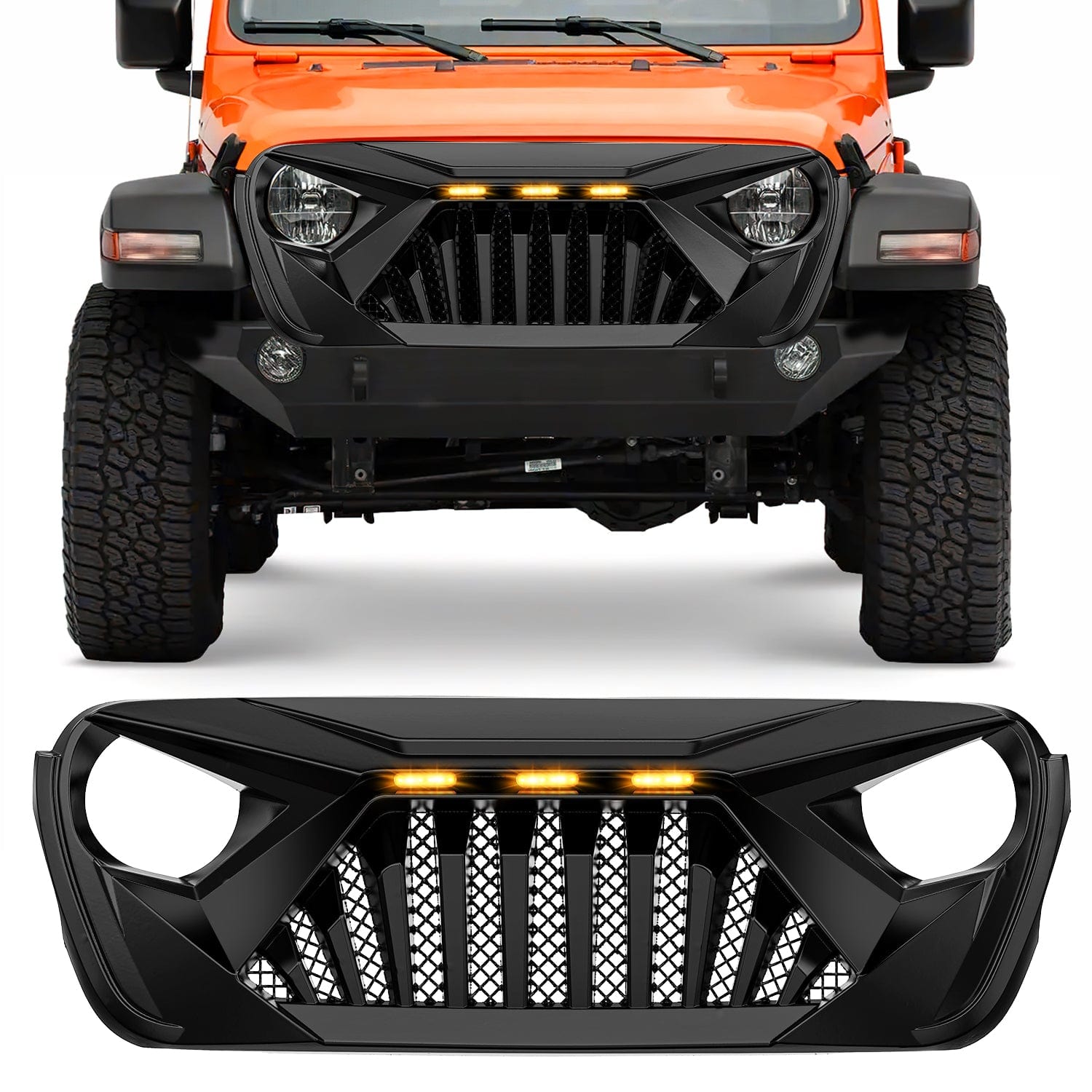Front Bumper Grill Cover for 2018 2019 2020 2021 2022 2023 2024 2025 Wrangler JL and Gladiator JT with LED Amber Lights Matte Black