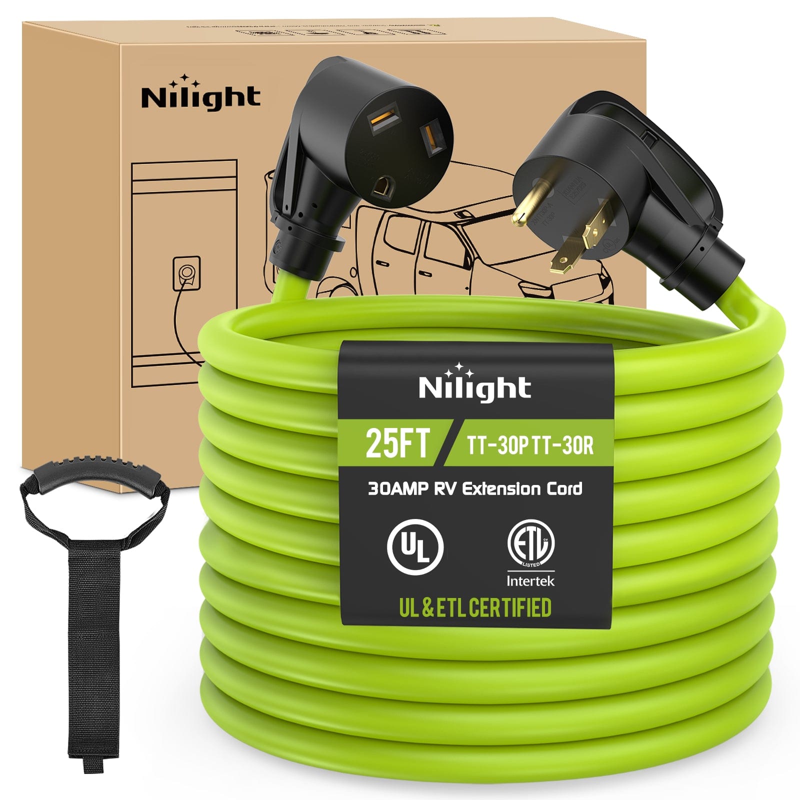 25FT 30 Amp RV Extension Cord 125V Heavy Duty 10/3 Gauge Pure Copper STW Wire UL ETL Listed 3 Prong TT-30P TT-30R Weatherproof Suit for Camper Caravan Trailer Bright Green