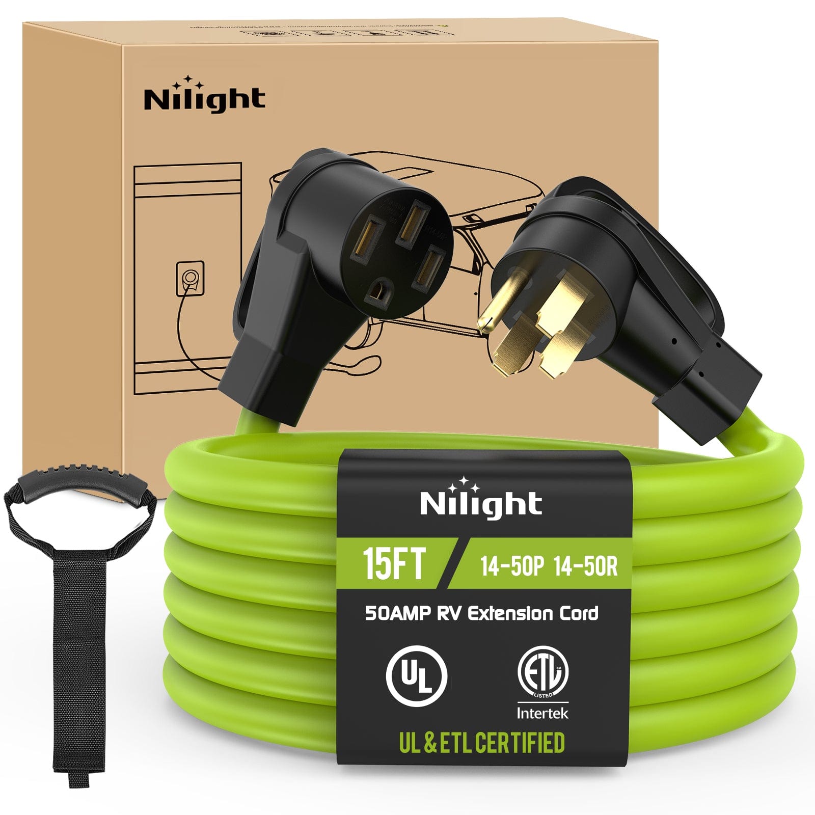 15FT 50 Amp RV Extension Cord 250V Heavy Duty 6/3+8/1 Gauge Pure Copper STW Wire UL ETL Listed 4 Prong 14-50P 14-50R Weatherproof Suit for EV Trailer Campers Bright Green