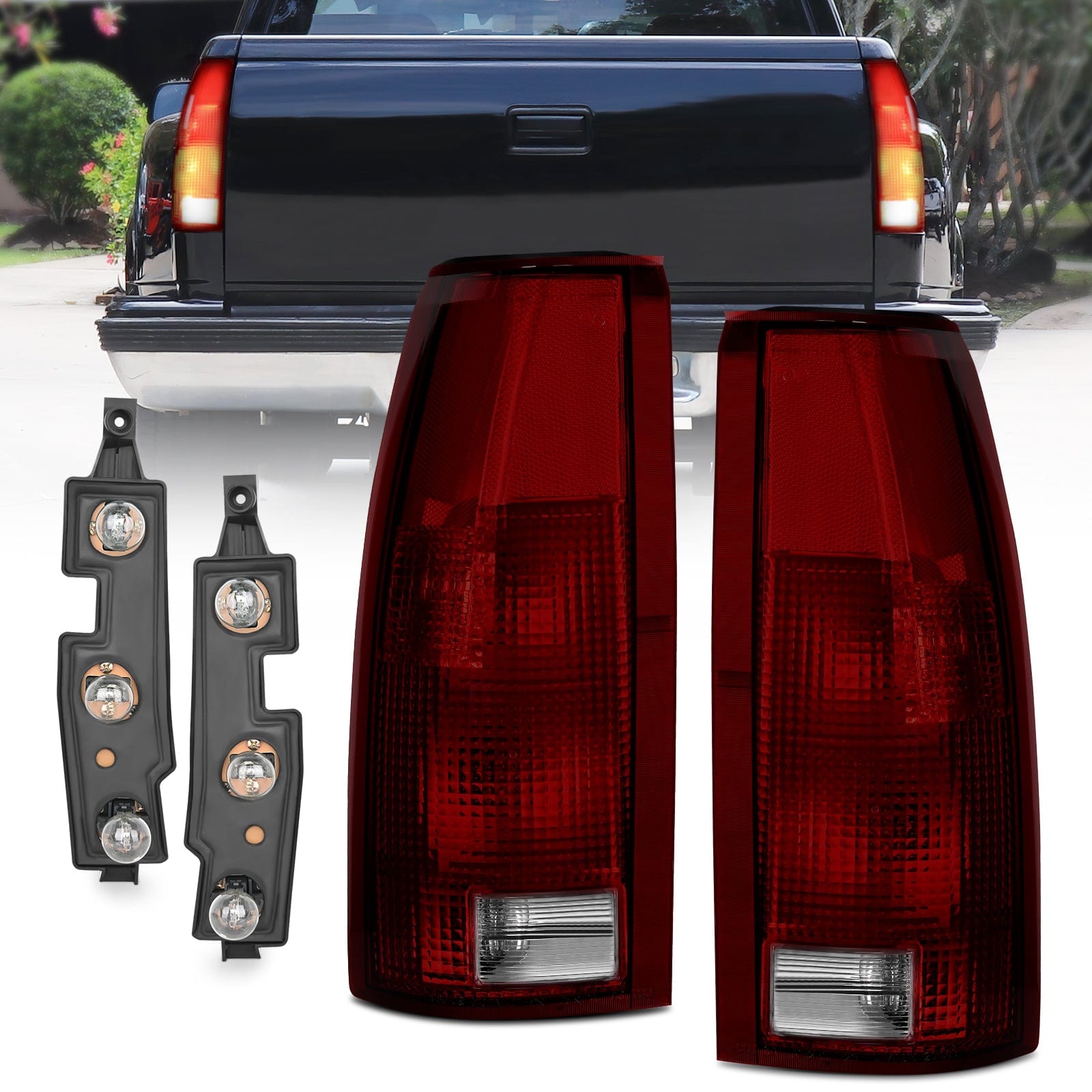 Taillight Assembly Compatible with 1988 1989 1990 1991 1992 1993 1994 1995 1996 1997 1998 1999 Chevy GMC C/K Suburban Blazer Tahoe Yukon 2000 Cadillac Escalade Pair Dark Red Lens