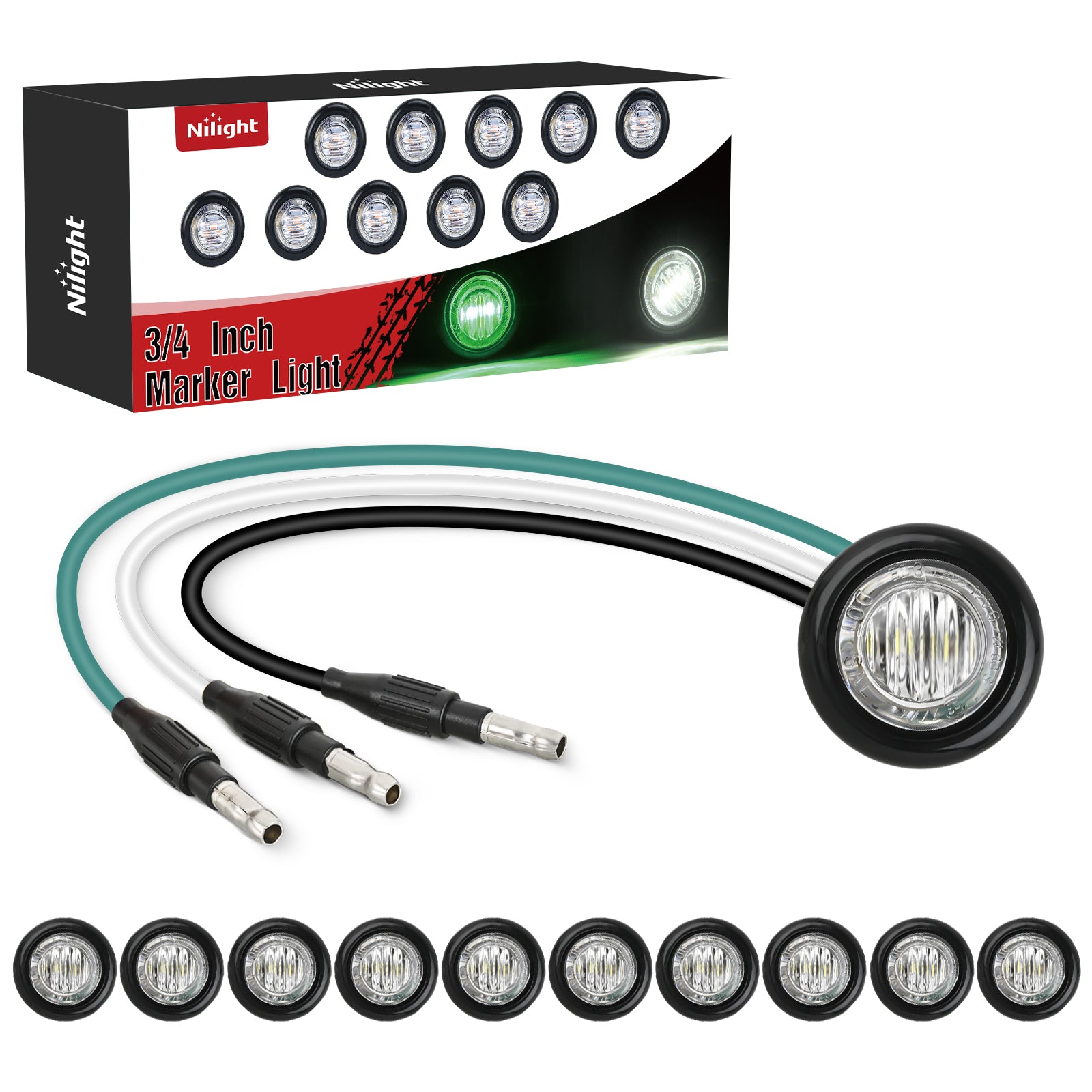 3/4Inch Dual Color Marker Light 10PCS Green to White Auxiliary Side Marker Bullet Clearance Indicator Lights 3 Plug Connector IP68 Waterproof for Trailer Truck Pickup Camper RV ATV UTV Van Bus