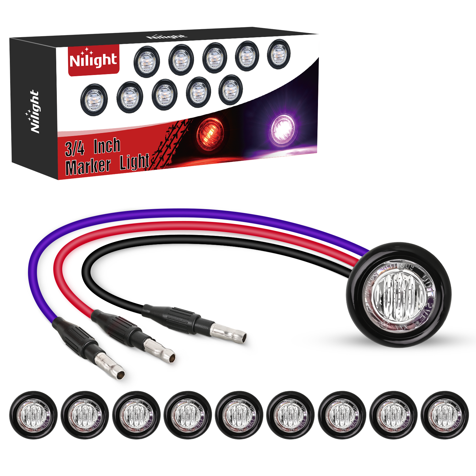 3/4Inch Dual Color Marker Light 10PCS Red to Purple Brake Auxiliary Side Marker Clearance Indicator Bullet Lights 3 Plug IP68 Waterproof for Trailer Truck Pickup Camper RV ATV UTV Van Bus