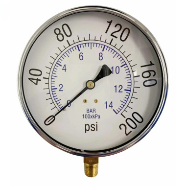 Rapid Air CP-4525-L Pressure Gauge. Bottom Mount. 4-1/2" Diameter Face. Dry. 0-200 Psi. 1/4" Male Npt. Plastic Lens. 101D-454G
