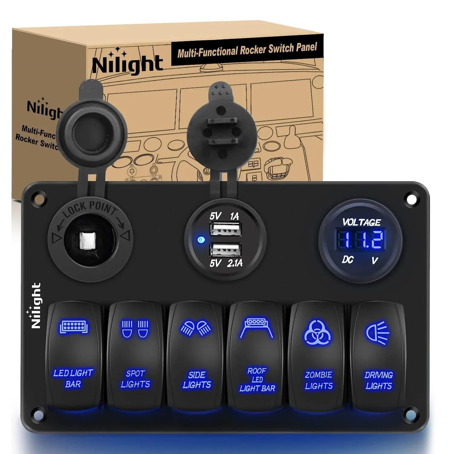 6Gang Aluminum Laser Rocker Switch Panel w/ Cigarette Lighter Dual USB Voltmeter