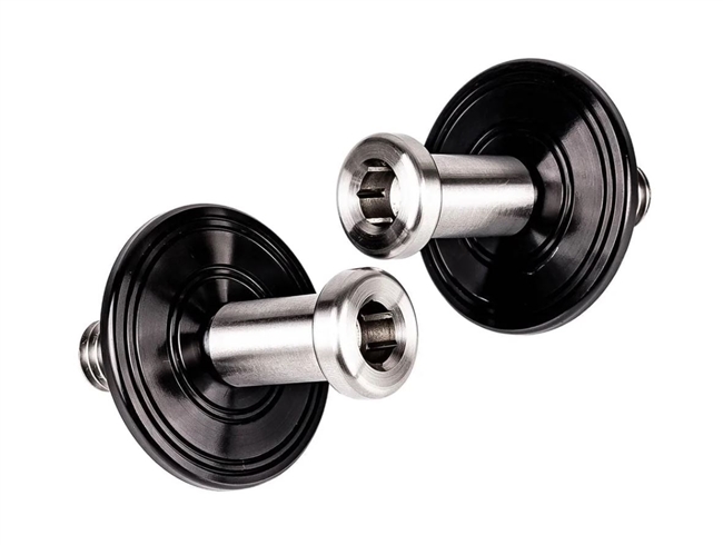 1967 - 1981 Custom Camaro Stainless Steel Door Jamb Striker Bolts with Black Anodized Double Ring Billet Washer Plates, Pair