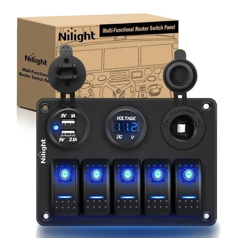 5Gang Aluminum Rocker Switch Panel w/ Dual USB Cigarette Lighter Socket Voltmeter