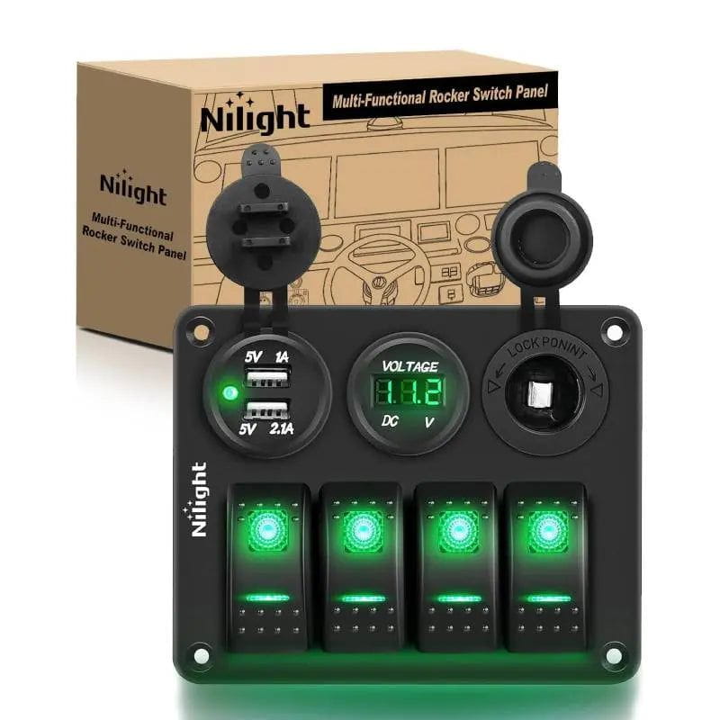 4Gang ON/Off Green Rocker Switch Panel w/ Dual USB Cigarette Lighter Socket Voltmeter