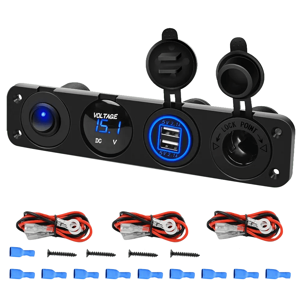 4 in 1 ON/OFF Blue Charger Socket Panel w/ Dual USB Voltmeter Cigarette