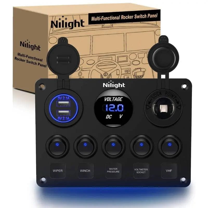 5Gang Blue Rocker Switch Panel w/ Dual USB Voltmeter Fuse