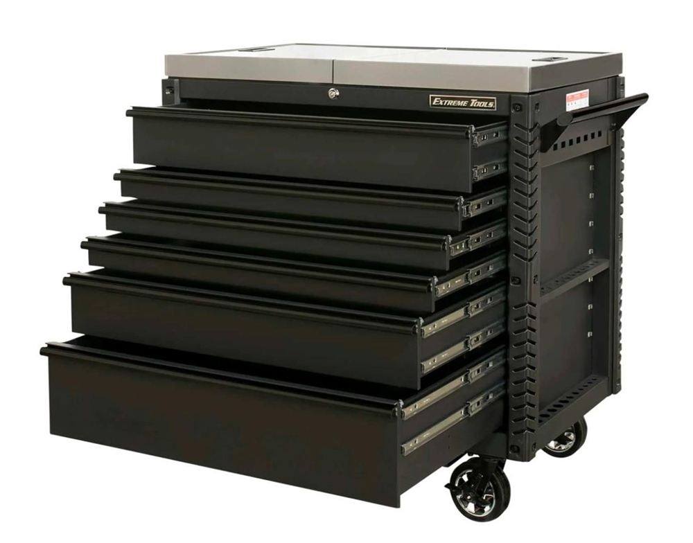 Extreme Tools EX Professional Series 41 Inch 6 Drawer Sliding Top Tool Cart with stainless steel work surface - Matte Black With Black Drawer Pulls