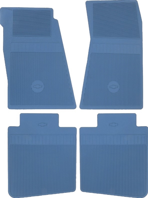 1967 - 1972 Camaro Floor Mats Set, Front and Rear, Rubber with Grippers, Medium Blue with Bowtie, OE Style
