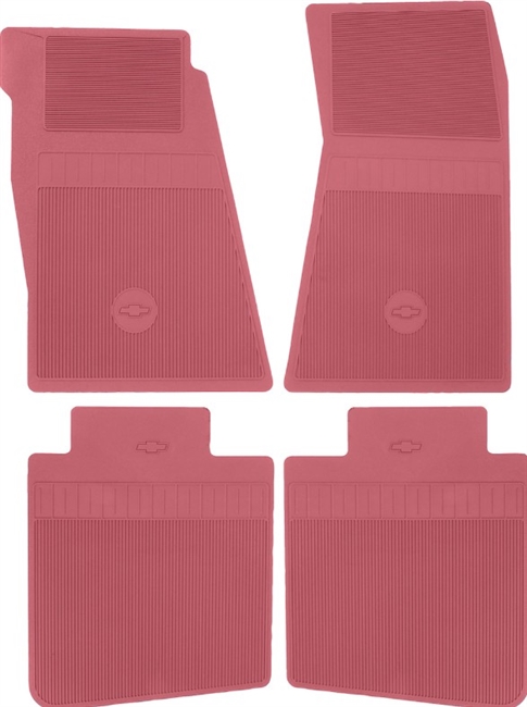 1967 - 1972 Camaro Floor Mats Set, Front and Rear, Rubber with Grippers, Red with Bowtie, OE Style