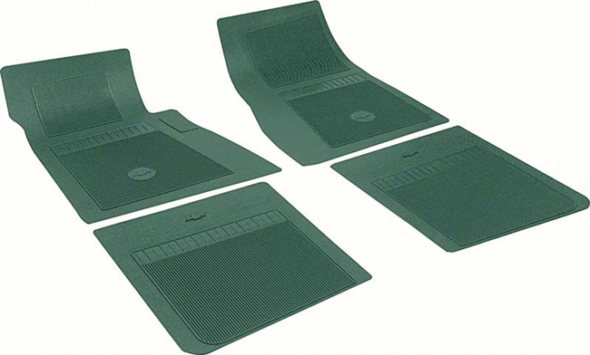 1967 - 1972 Camaro Floor Mats Set, Front and Rear, Rubber with Grippers, Dark Green with Bowtie, OE Style