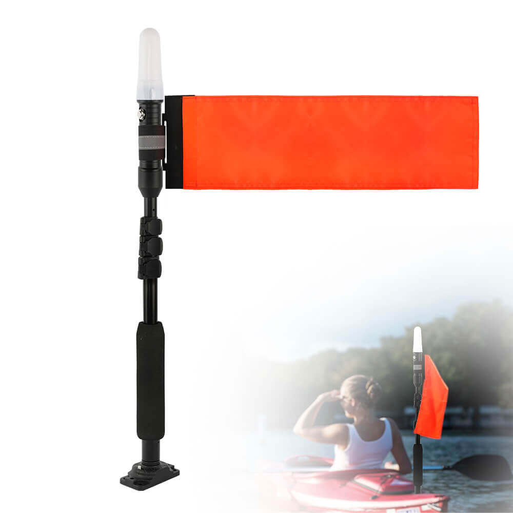 Kayak Safety Light Orange Flag with Retractable Pole-360° White Light