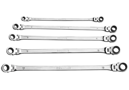 Mountain Ratcheting Wrench Set 5 Piece Metric Double Box Universal Spline Reversible 90 Tooth Long Flexible