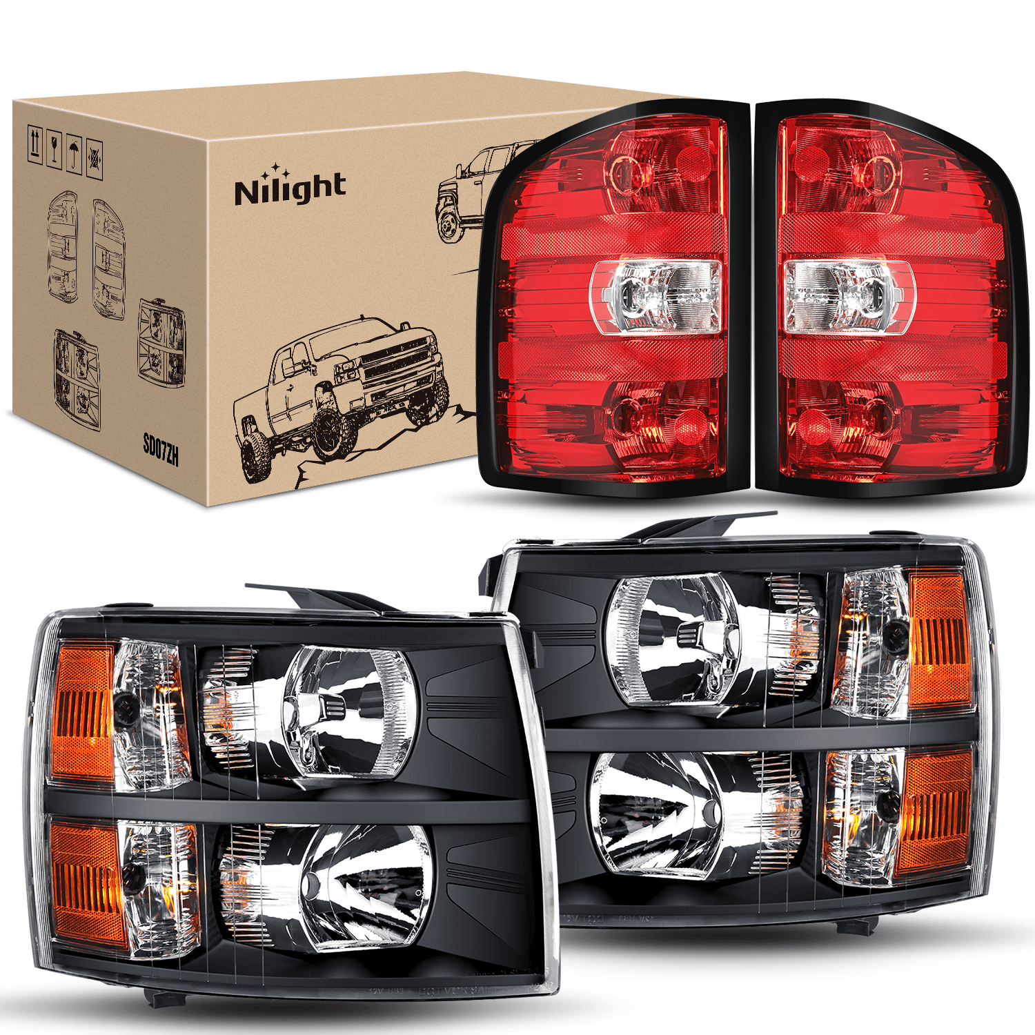 Headlight and Taillight Assembly Compatible with 2007 2008 2009 2010 2011 2012 2013 Silverado 1500 2007-2014 Silverado 2500HD 3500HD Black Housing Amber Reflector with Red Housing Tail Light