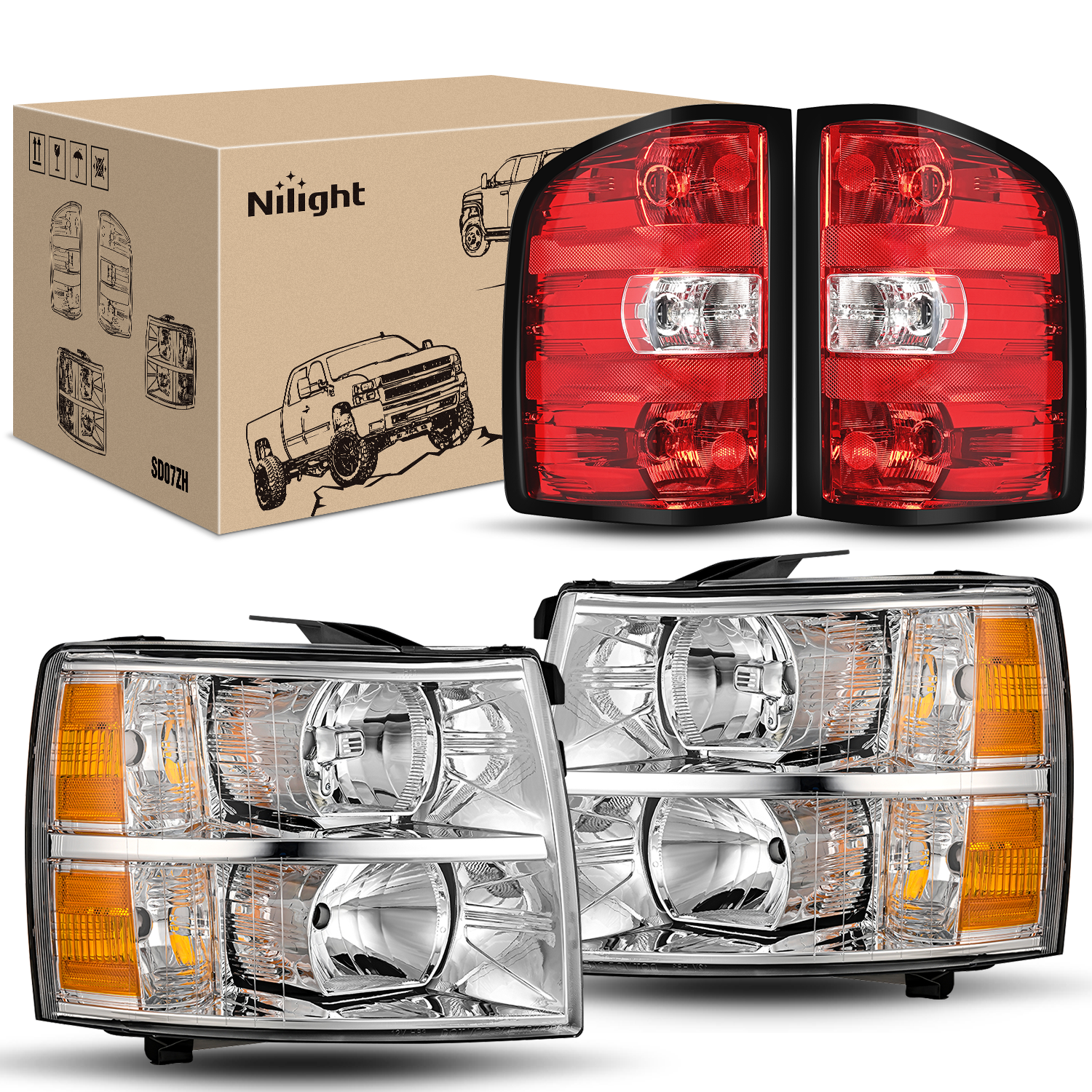 Headlight and Taillight Assembly Compatible with 2007 2008 2009 2010 2011 2012 2013 Silverado 1500 2007-2014 Silverado 2500HD 3500HD Chrome Housing Amber Reflector with Red Housing Tail Light