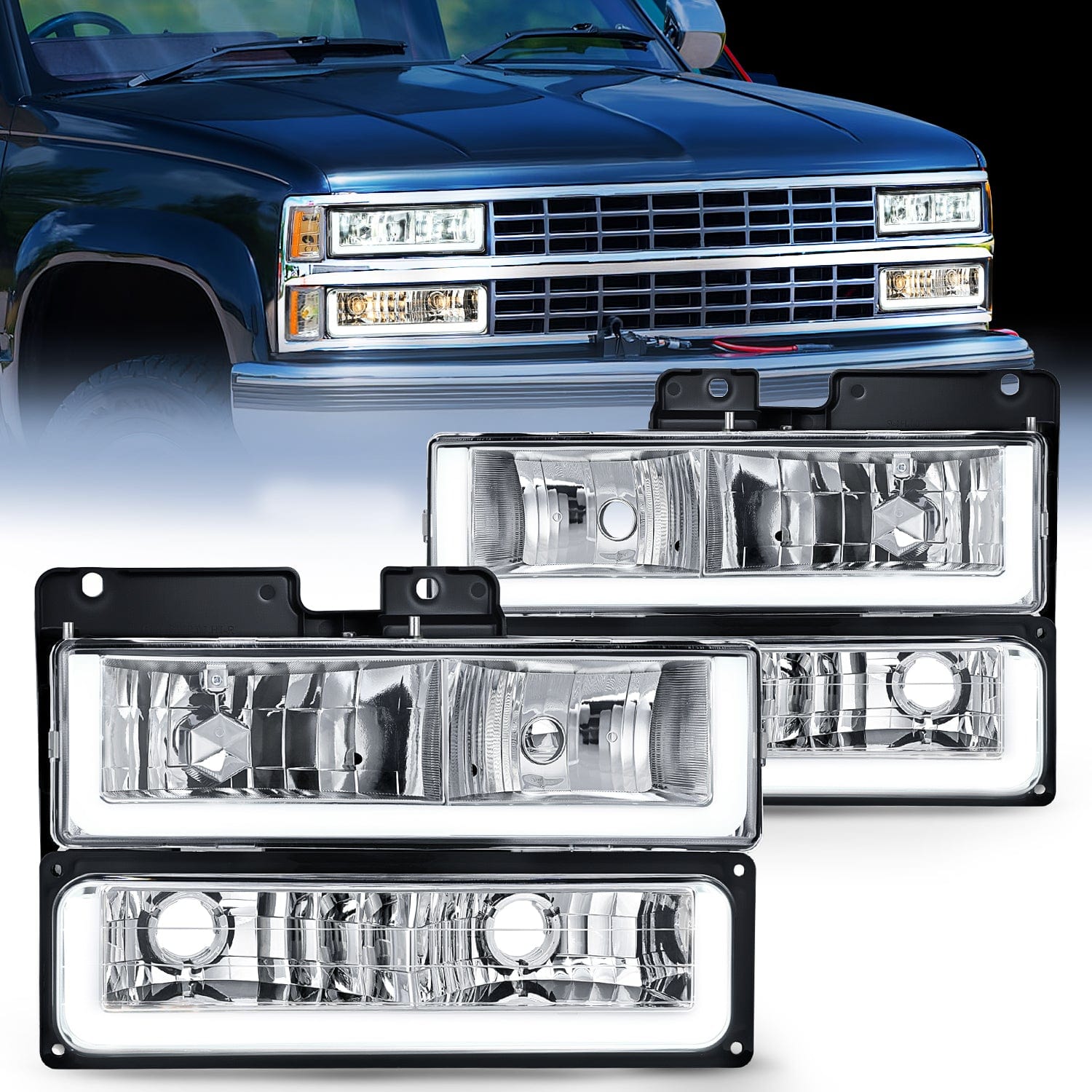 1988 1989 1990 1991 1992 1993 1994 1995 1996 1997 Chevrolet GMC C10 C/K 1988-1999 Silverado Suburban Sierra Blazer Tahoe Yukon DRL Headlight Assembly Chrome Case