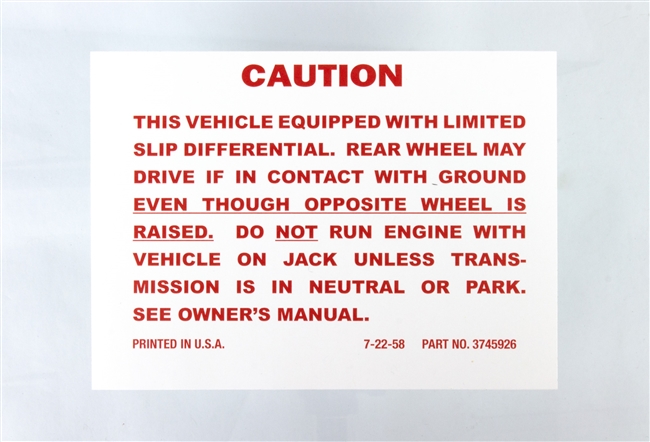 1967 - 1971 Camaro Positraction Rear End with Limited Slip Differential Trunk Jacking Caution Decal