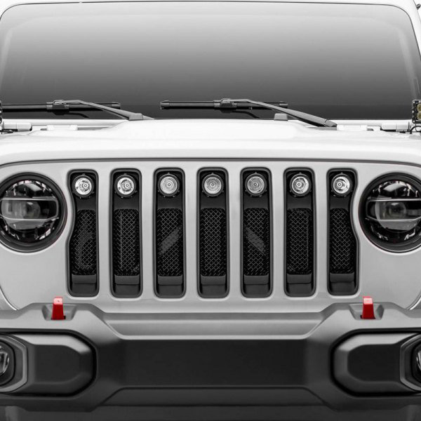 T-Rex 6314941 Torch Series Black Mesh Grille with No Studs and (7) 2" Round LED Lights for 18-23 Jeep Wrangler JL